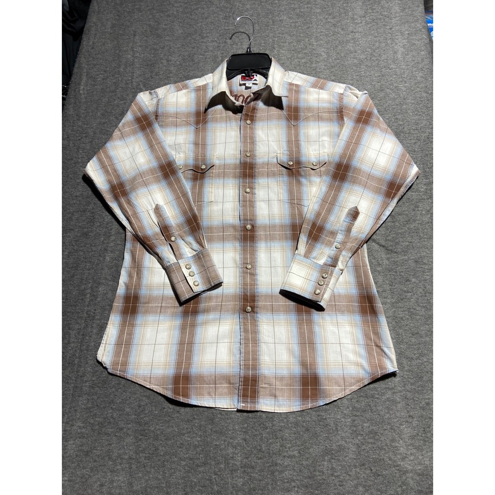 Panhandle Slim Brooks Dunn Western Shirt Brown Blue Plaid Eagle Embroidery M